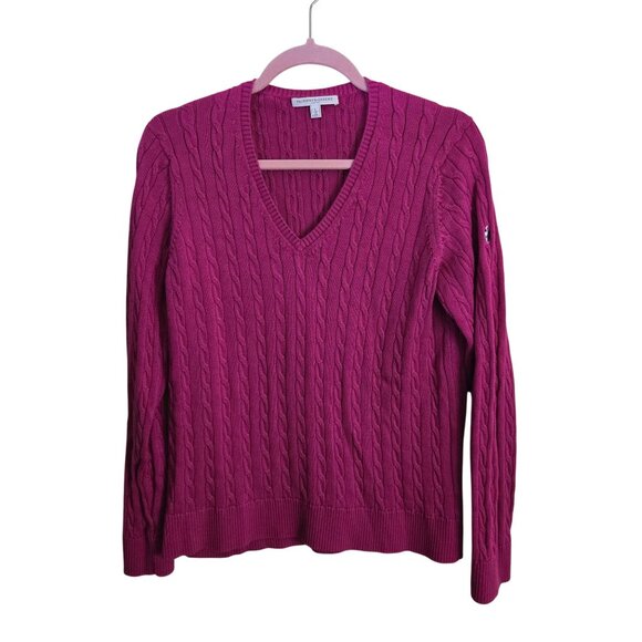 Fairway & Greene Berry Fuschia CableKnit V-neck Sweater Mercerized Cotton Size L - Picture 2 of 7